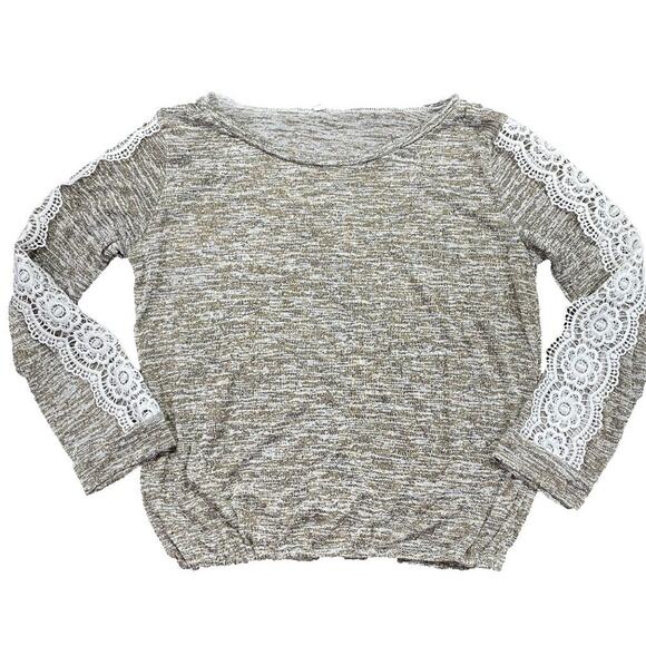 Brown & White Marled Knit Sweater with Long Peek-A-Boo Lace Sleeves Size Large - Picture 1 of 10